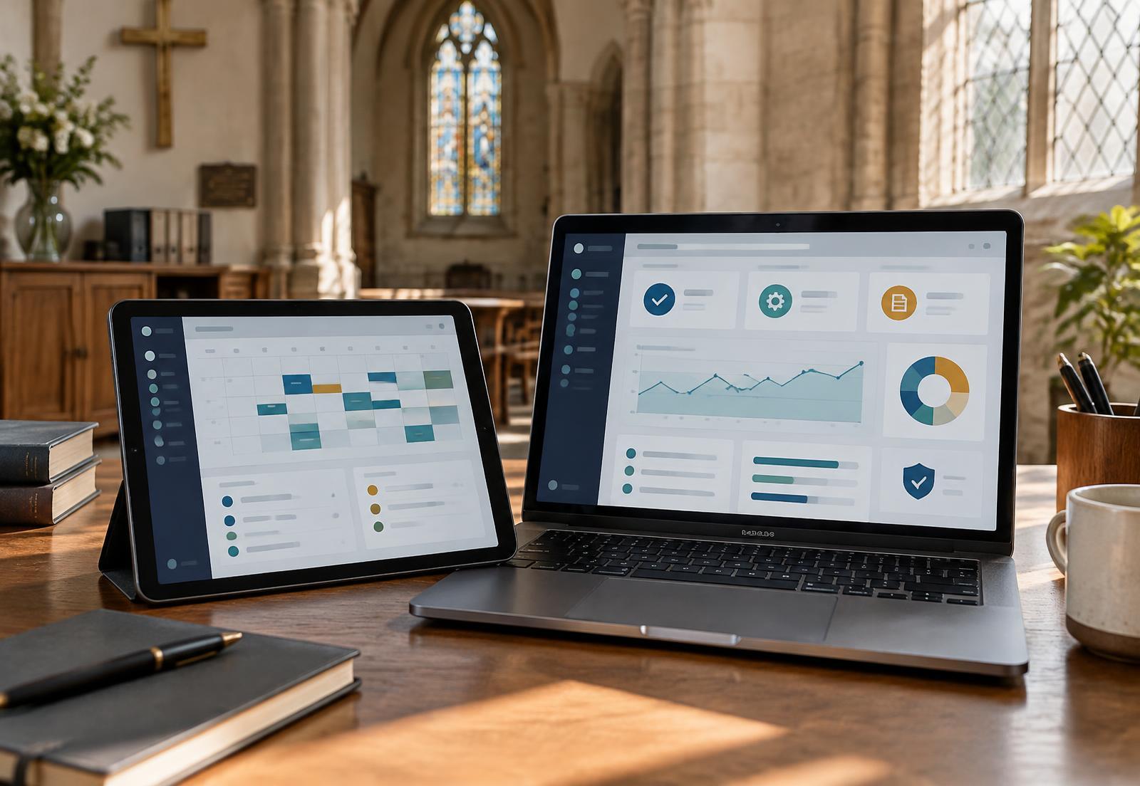 Church calendar and task dashboards on a laptop and tablet