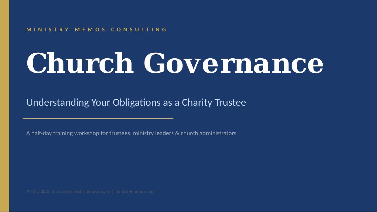 Title slide of the Ministry Memos half-day church governance workshop for charity trustees